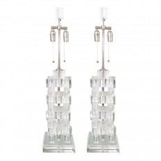 Pair of stacked quatrefoil form lucite lamps 